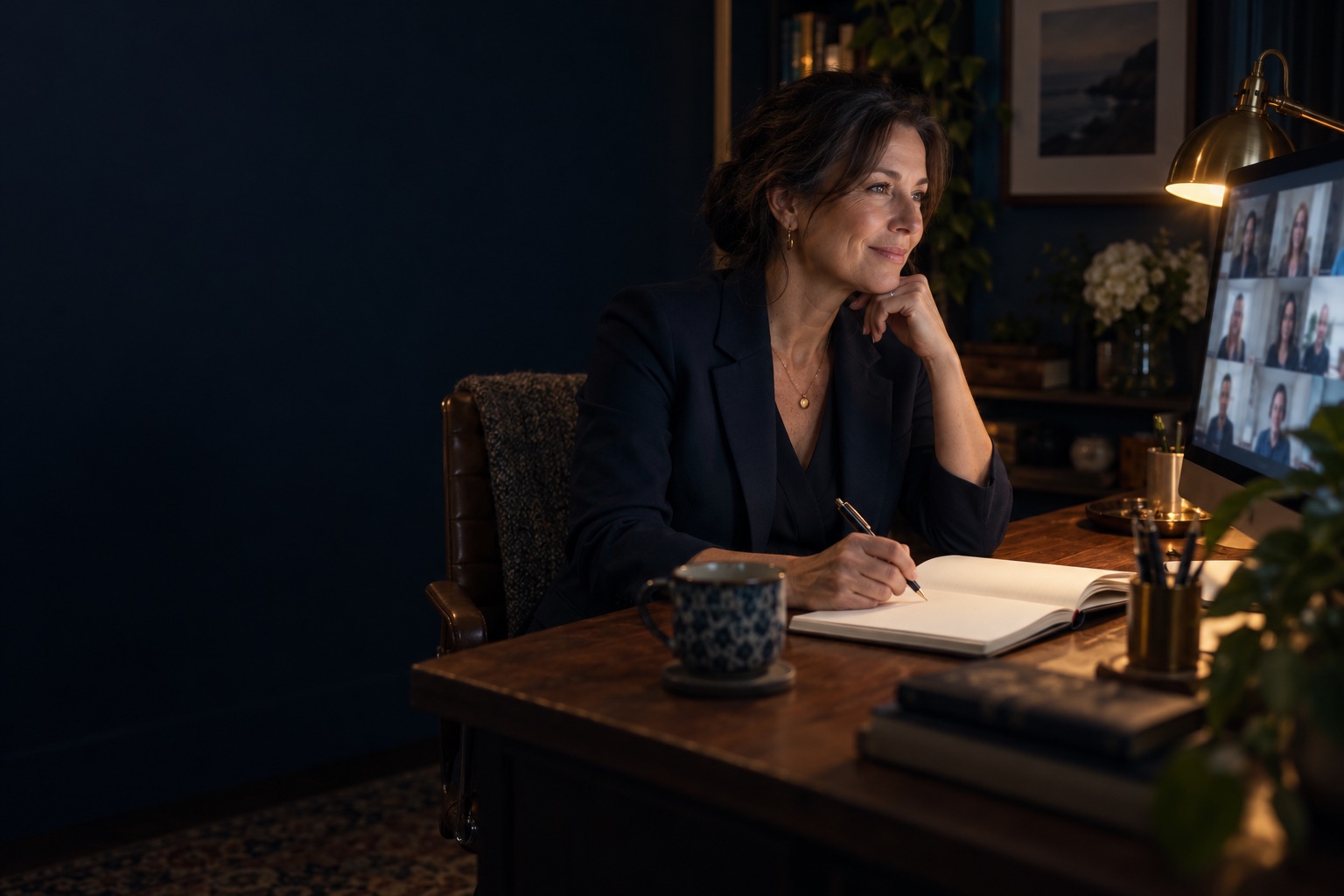 A clinician at her desk in the evening, taking notes during a live online training session.